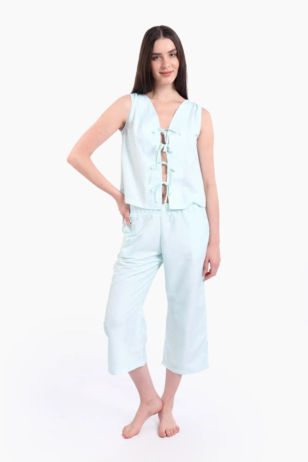 طقم بيجامة تينسل بنقشة مربعات