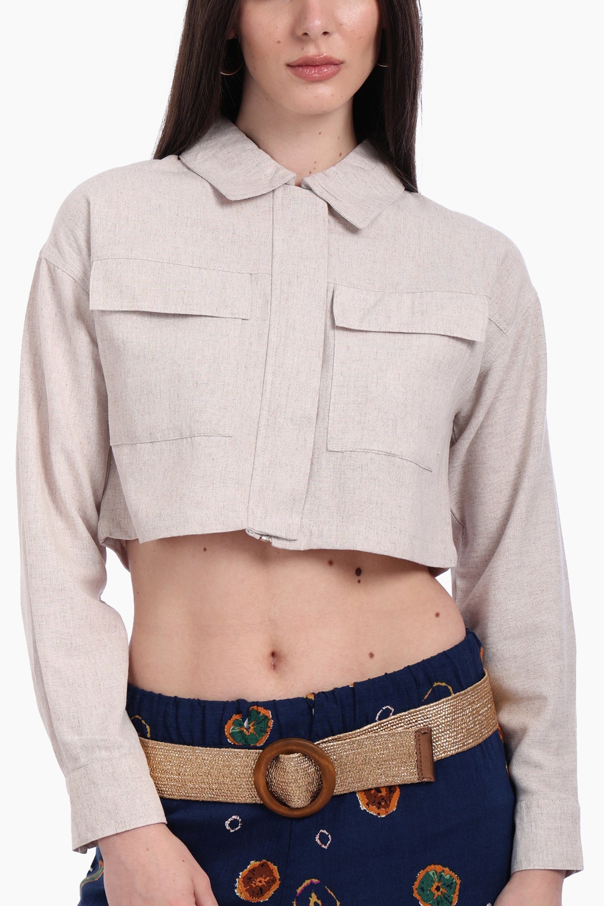 Beige Linen Cropped Shirt