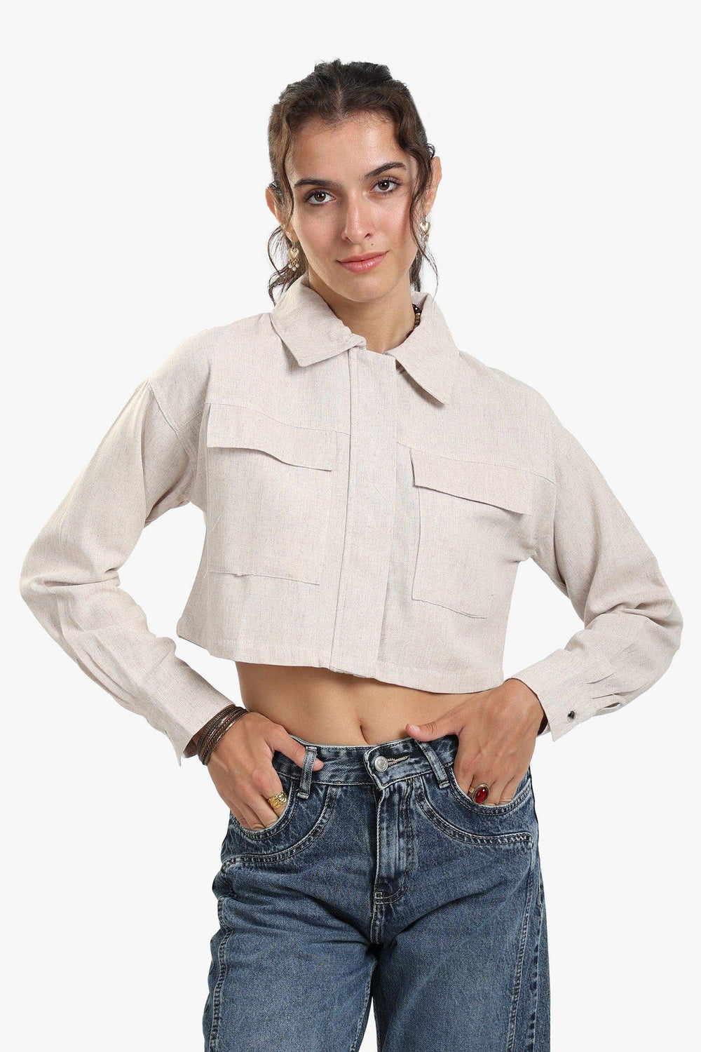 قميص قصير بيج من الكتان