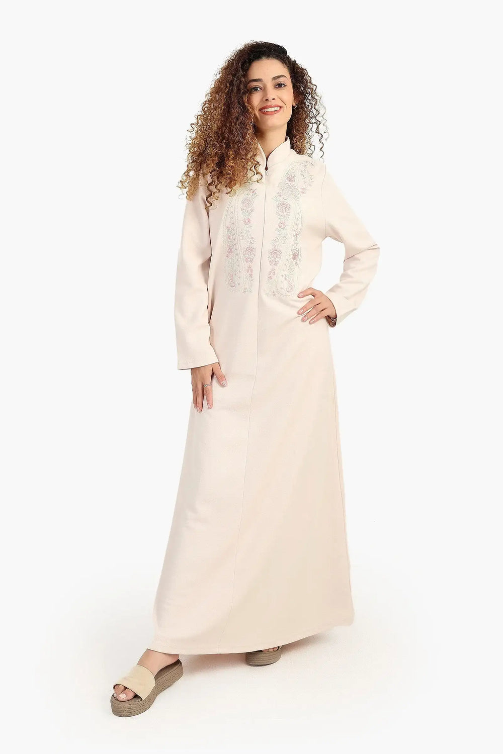 Stand Collar Nightgown with Embroidery