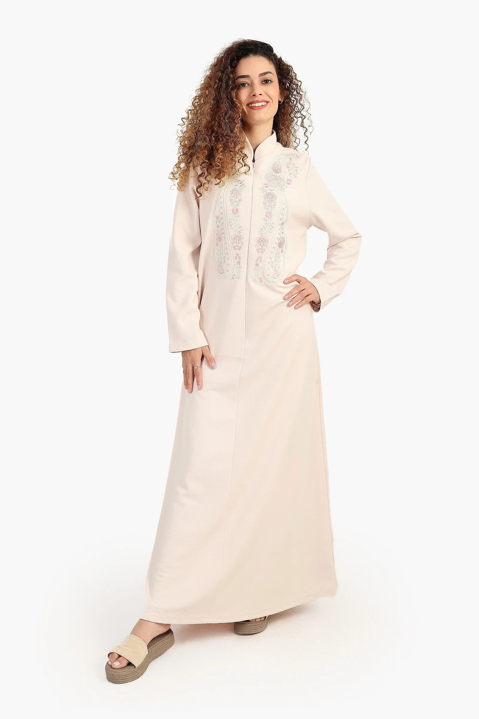 Stand Collar Nightgown with Embroidery
