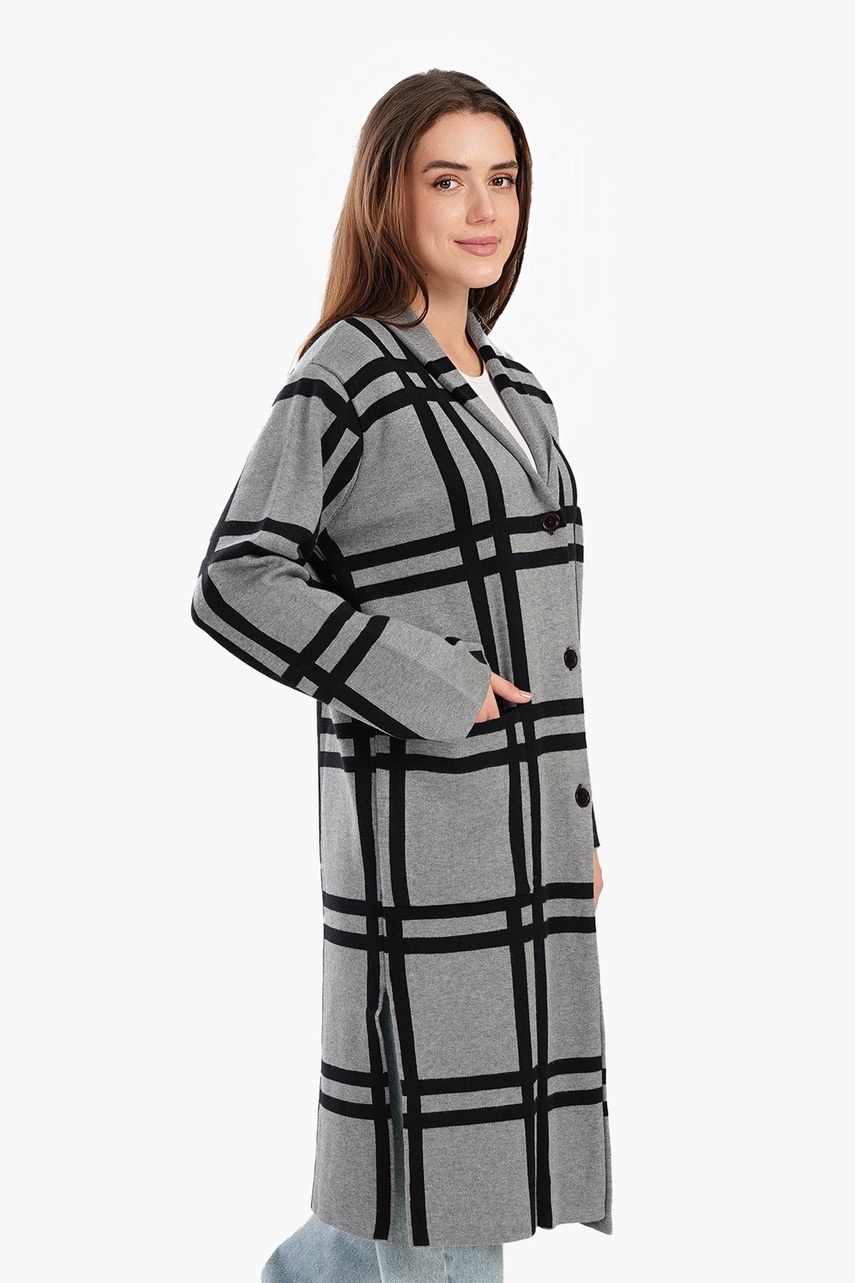 Plaid Pattern V-Neck Coat