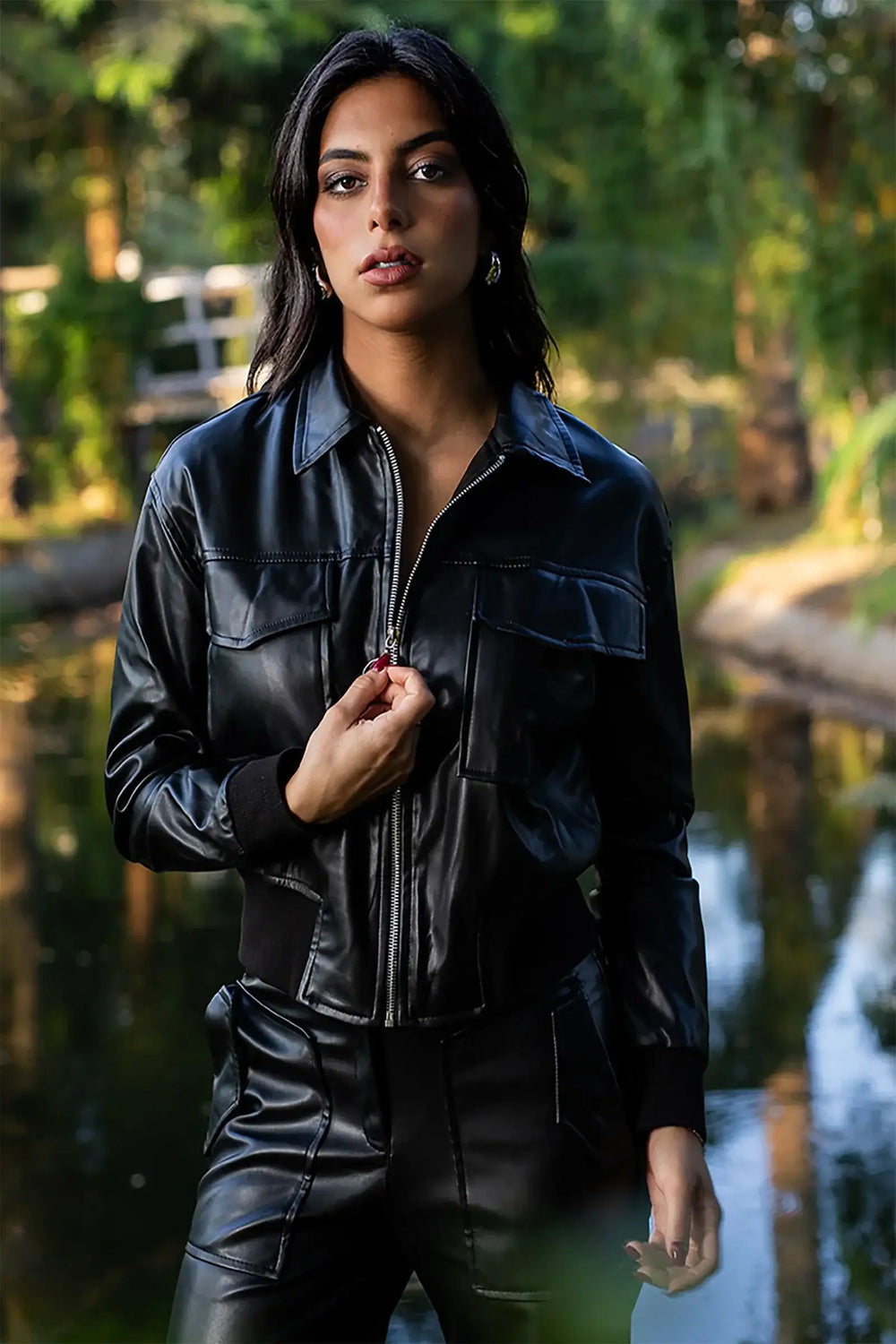 Leather Jacket with Elasic Hem