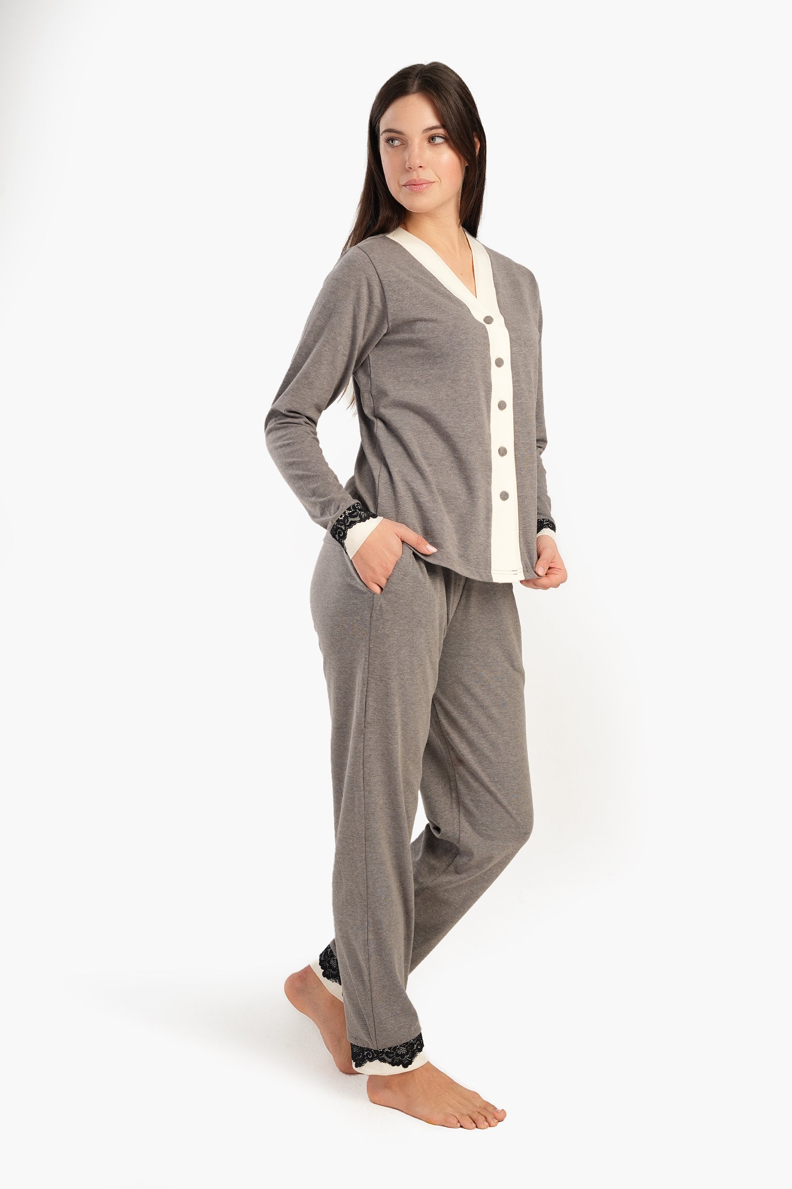 V-Neck Button Closure Pyjama Set