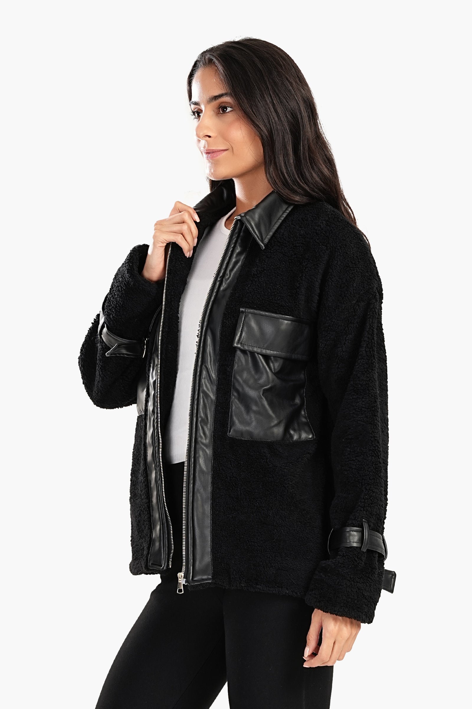 Fleece & Leather Black Jacket