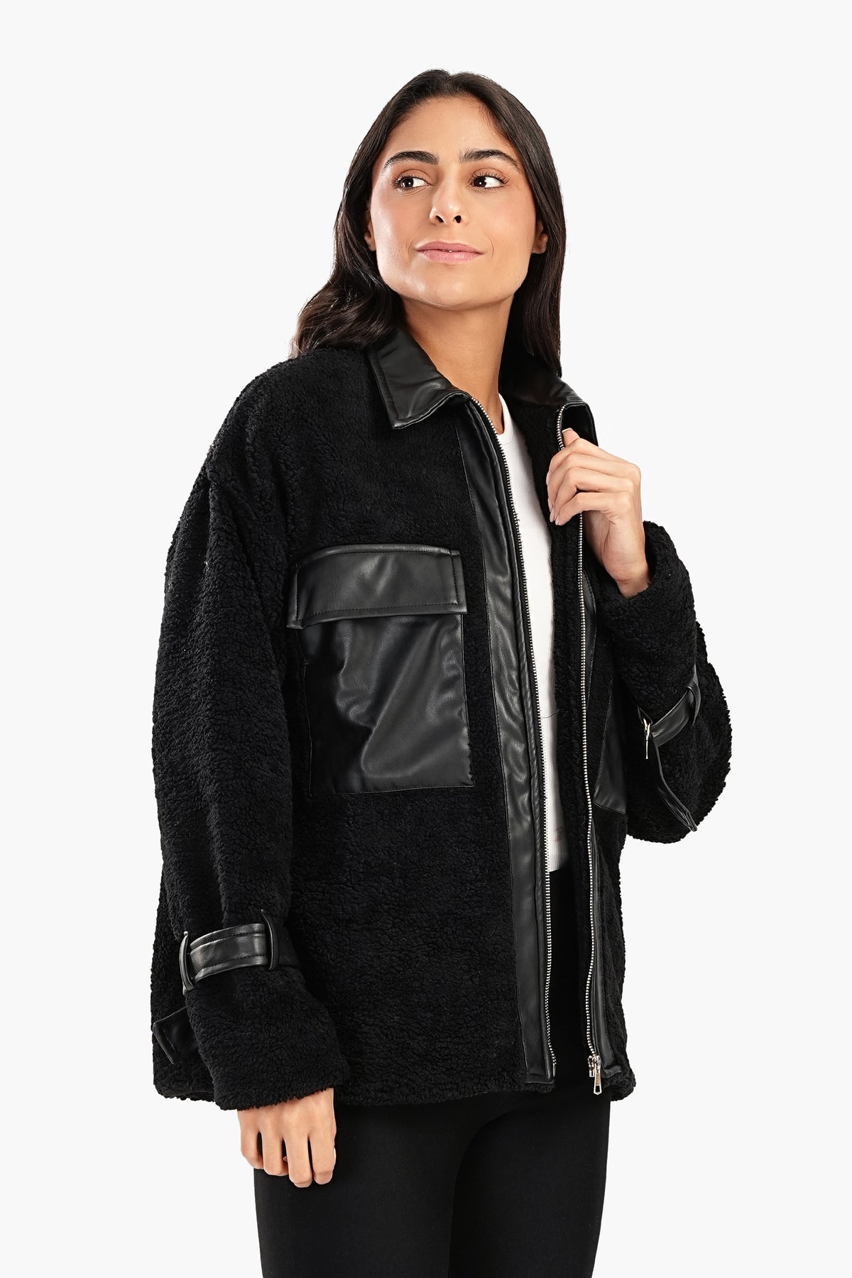 Fleece & Leather Black Jacket