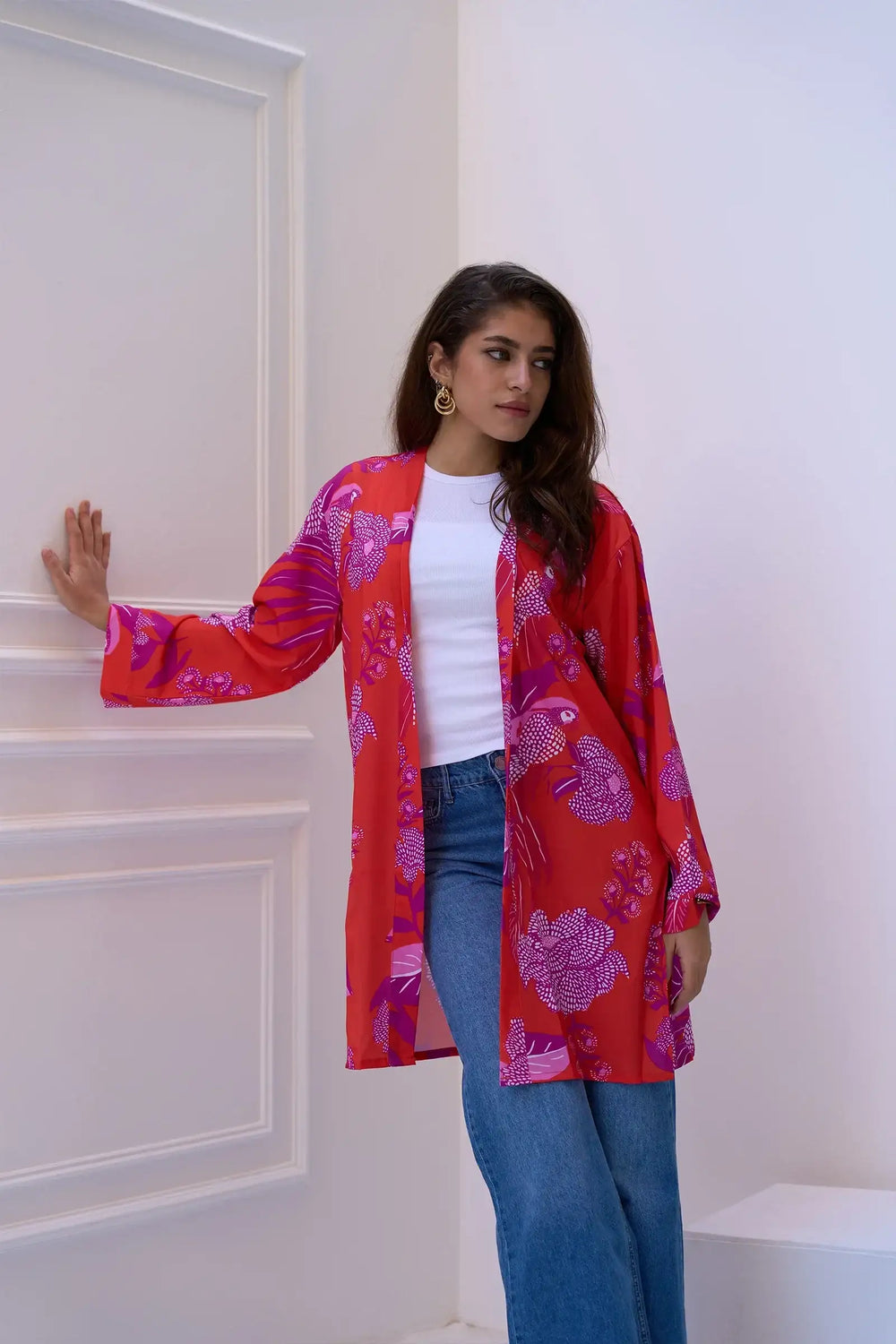 كيمونو مطبوع برتقالي وبنفسجي