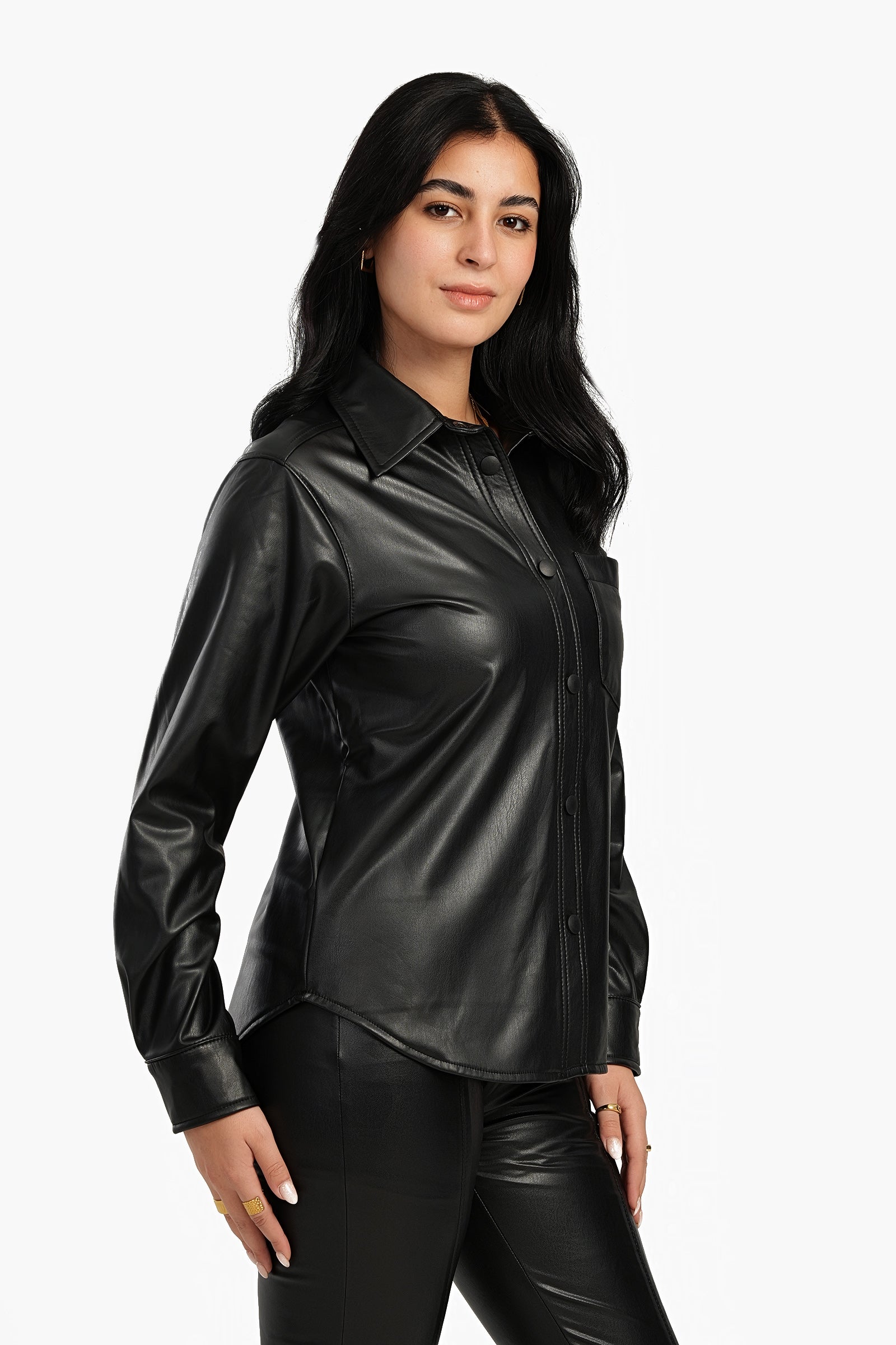 Snap Closure Black Leather Shirt