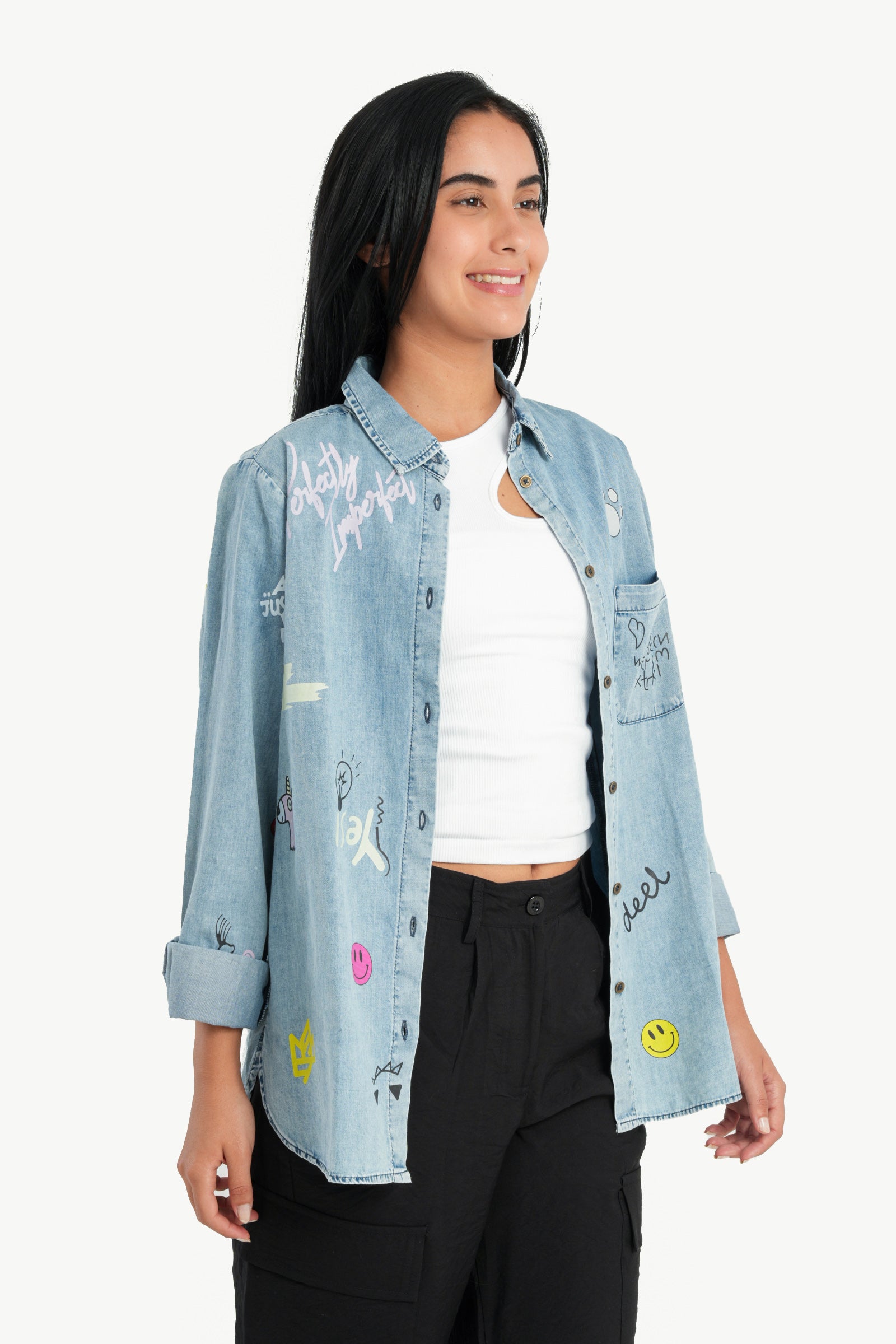 Denim Printed Shirt with Slits