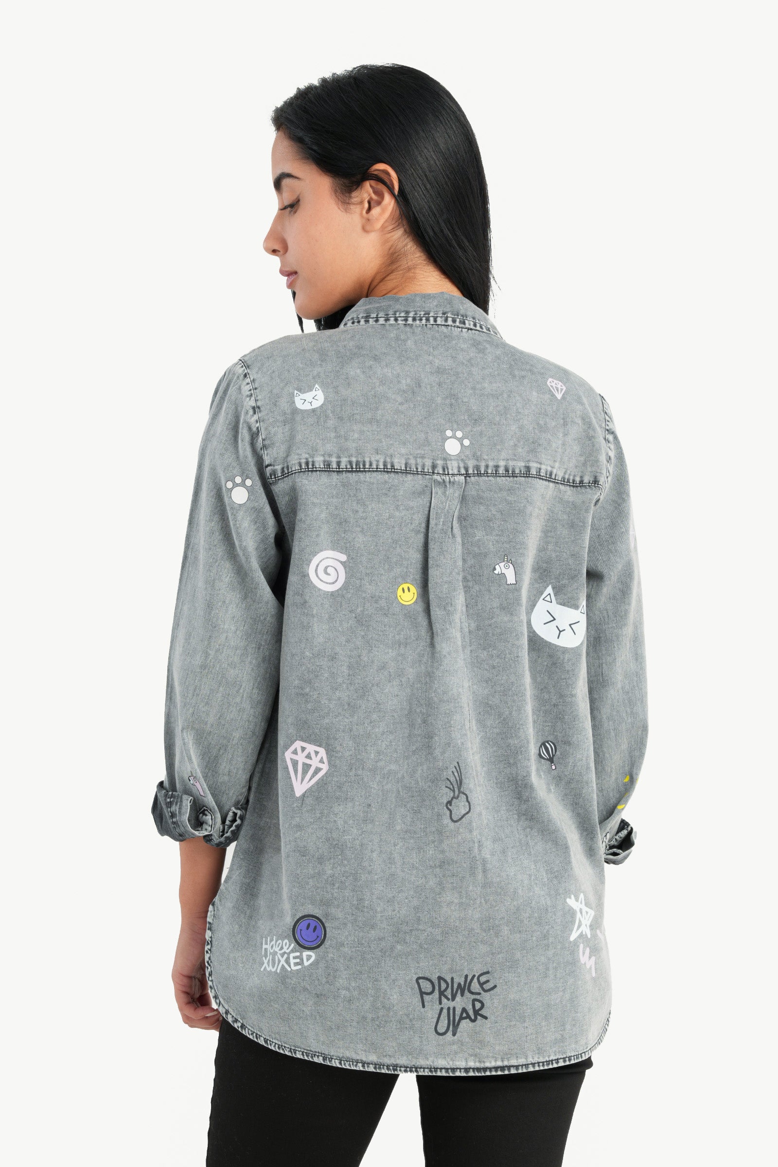 Denim Printed Shirt with Slits