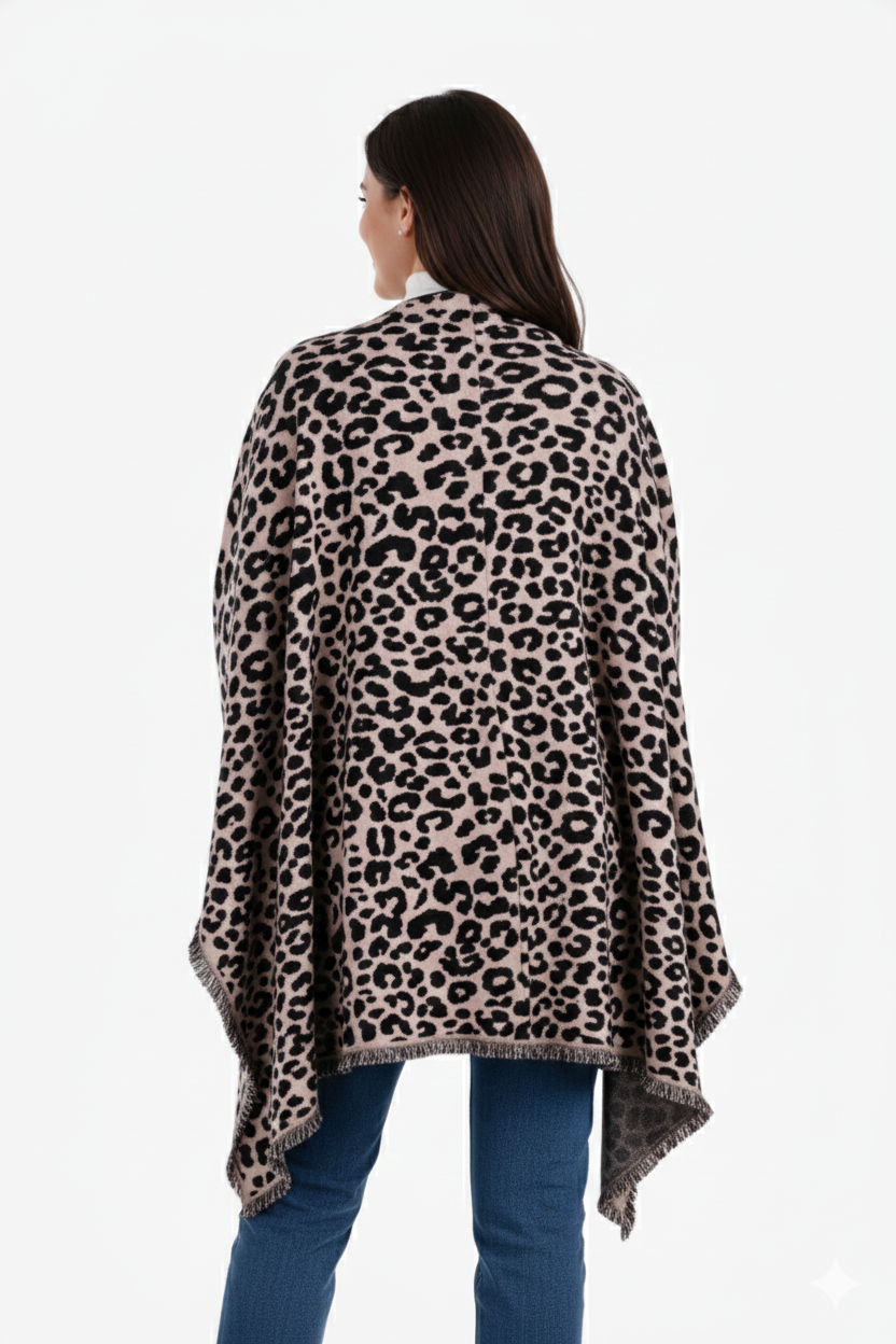 Fringed Leopard Pattern Poncho