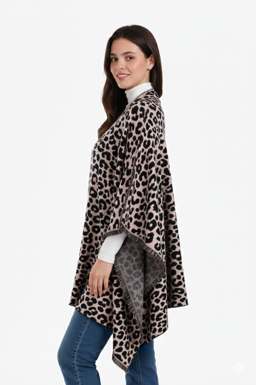 Fringed Leopard Pattern Poncho