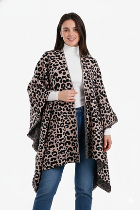 Fringed Leopard Pattern Poncho