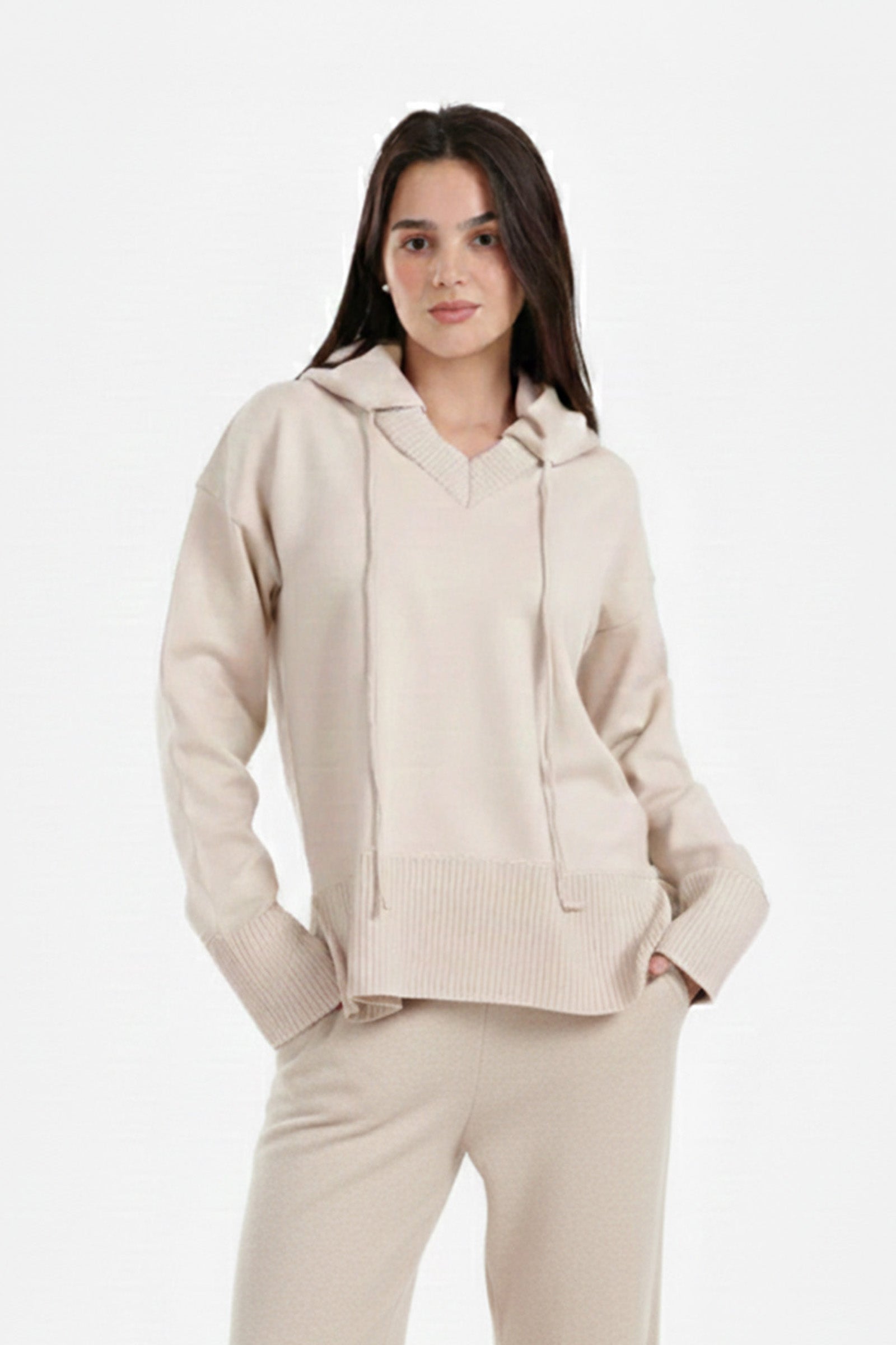 Ribbed V-Neck Lounge Hoodie