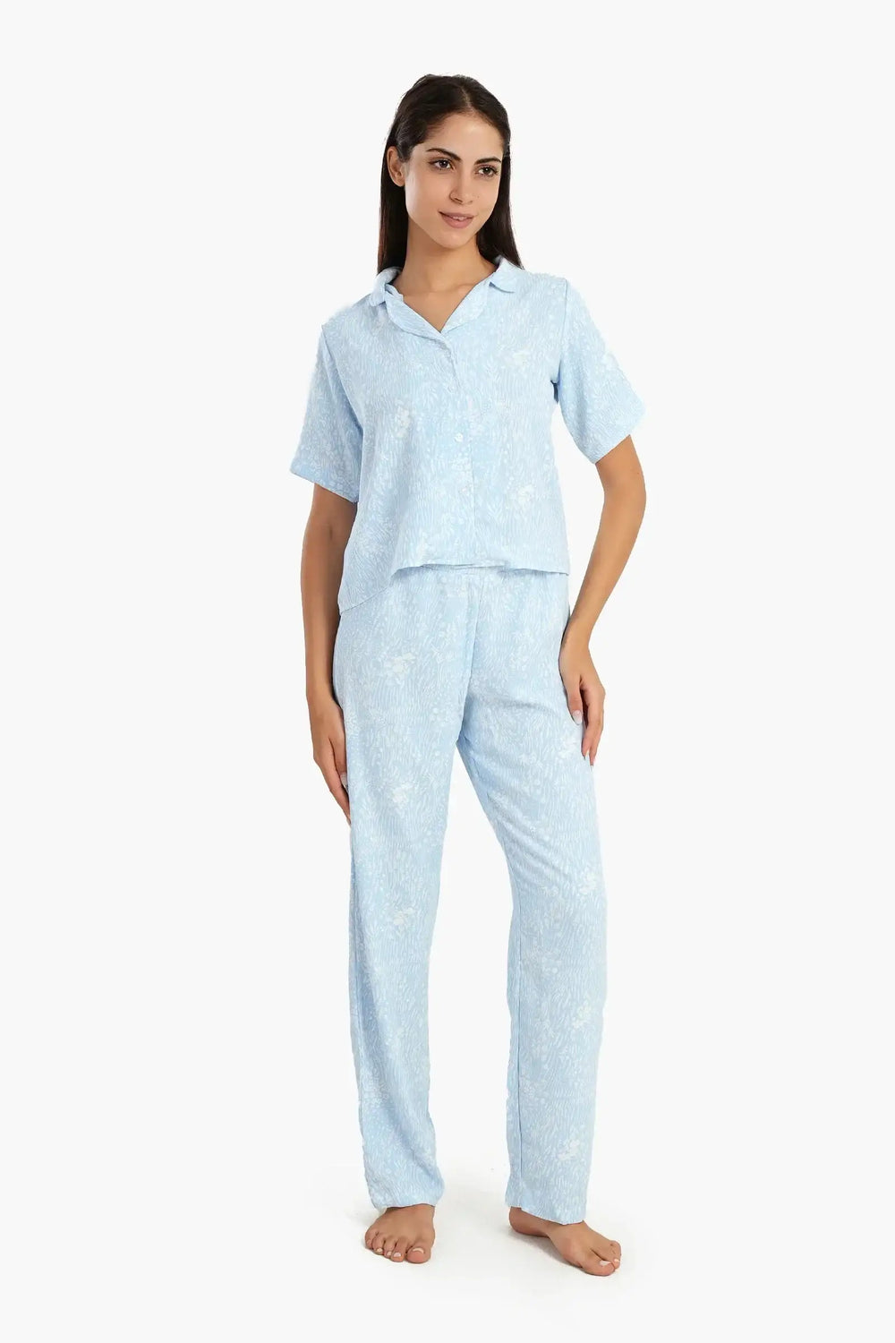 Blue Self Pattern Pyjama Set