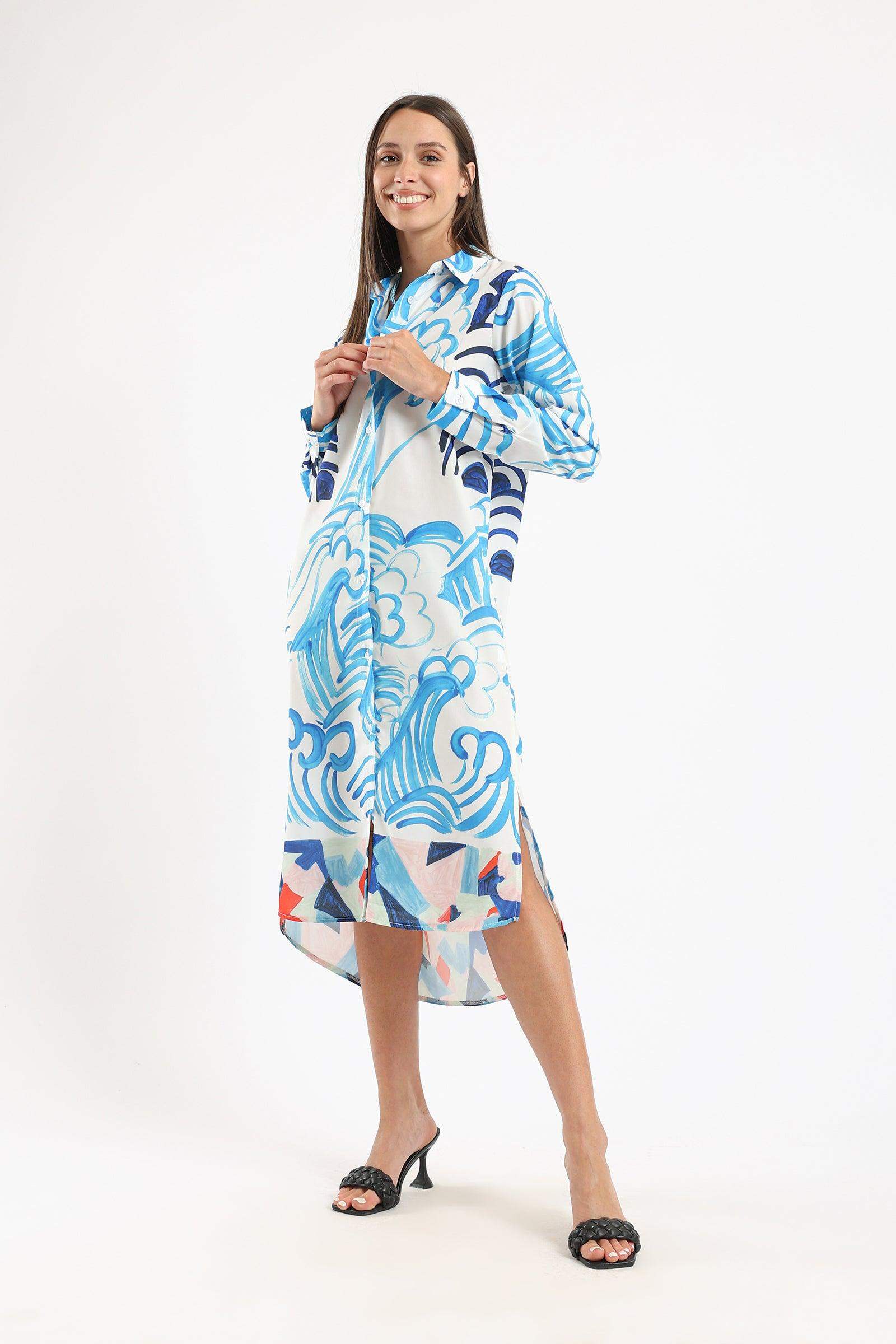 Asymmetrical Printed Shirt Dress - Carina - كارينا