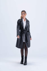 Black Leather Trench Coat - Carina - كارينا