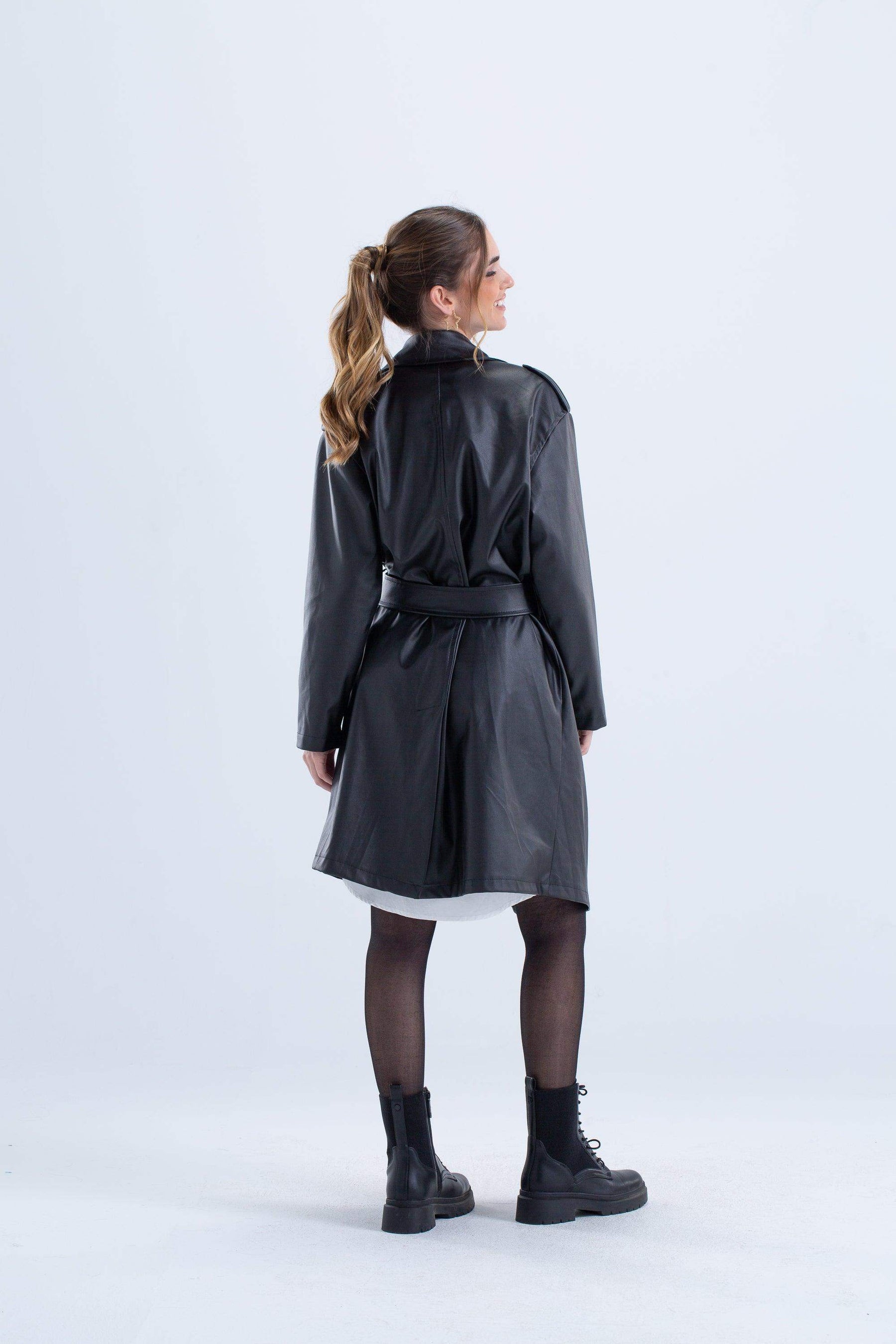 Black Leather Trench Coat - Carina - كارينا