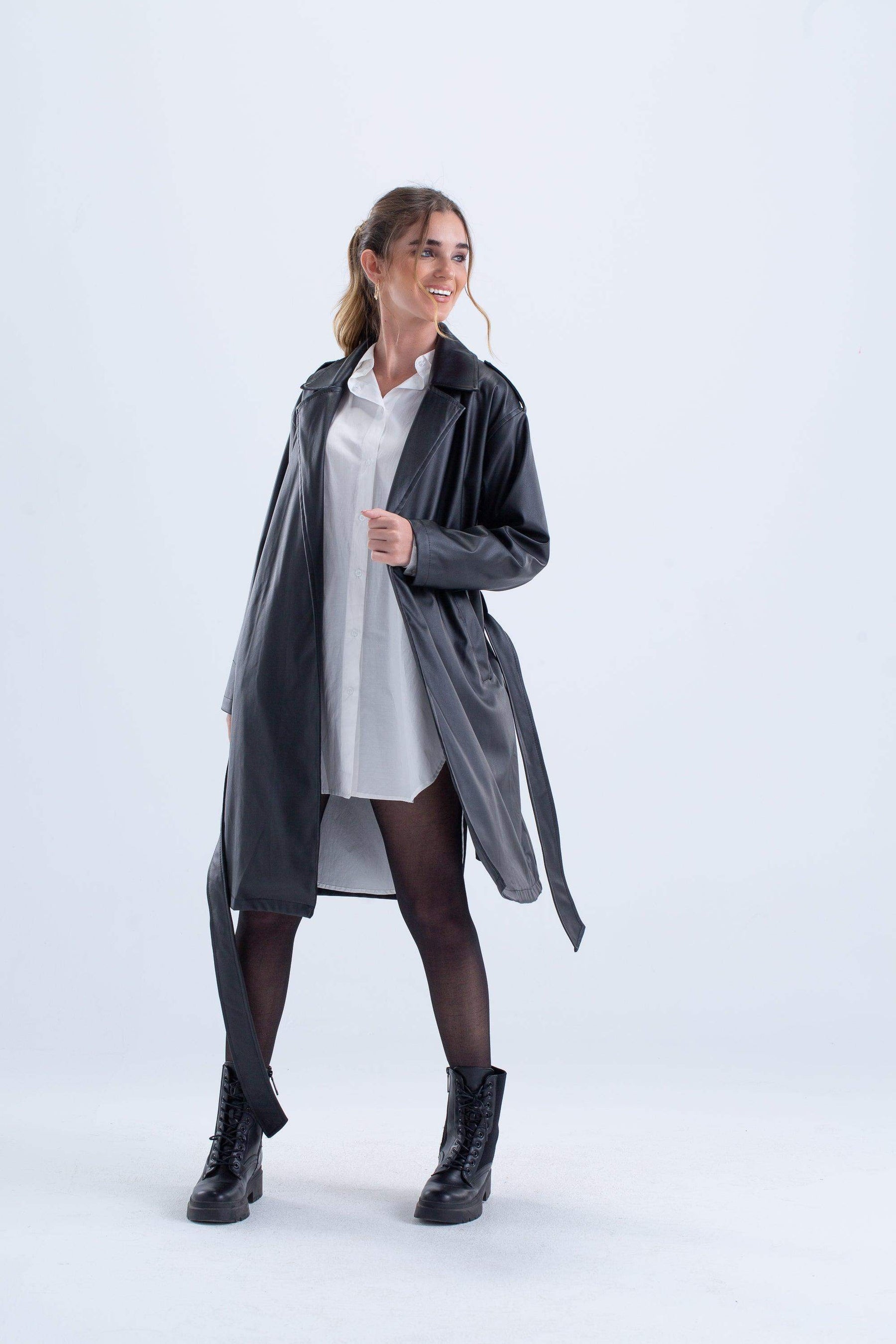 Black Leather Trench Coat - Carina - كارينا