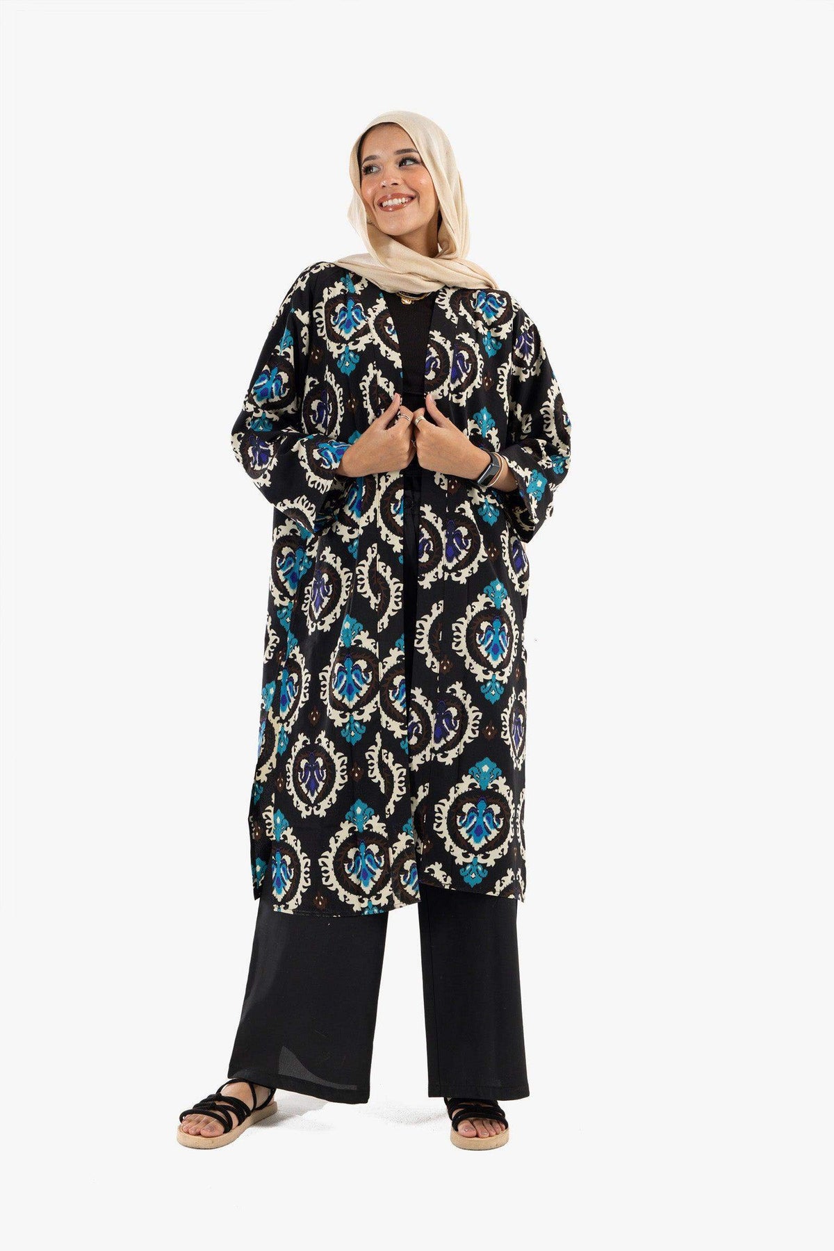Black Printed Voile Kimono - Carina - كارينا