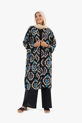 Black Printed Voile Kimono - Carina - كارينا