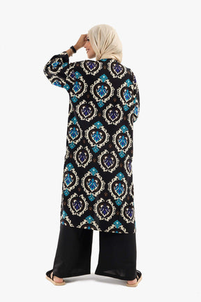 Black Printed Voile Kimono - Carina - كارينا