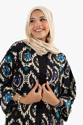 Black Printed Voile Kimono - Carina - كارينا