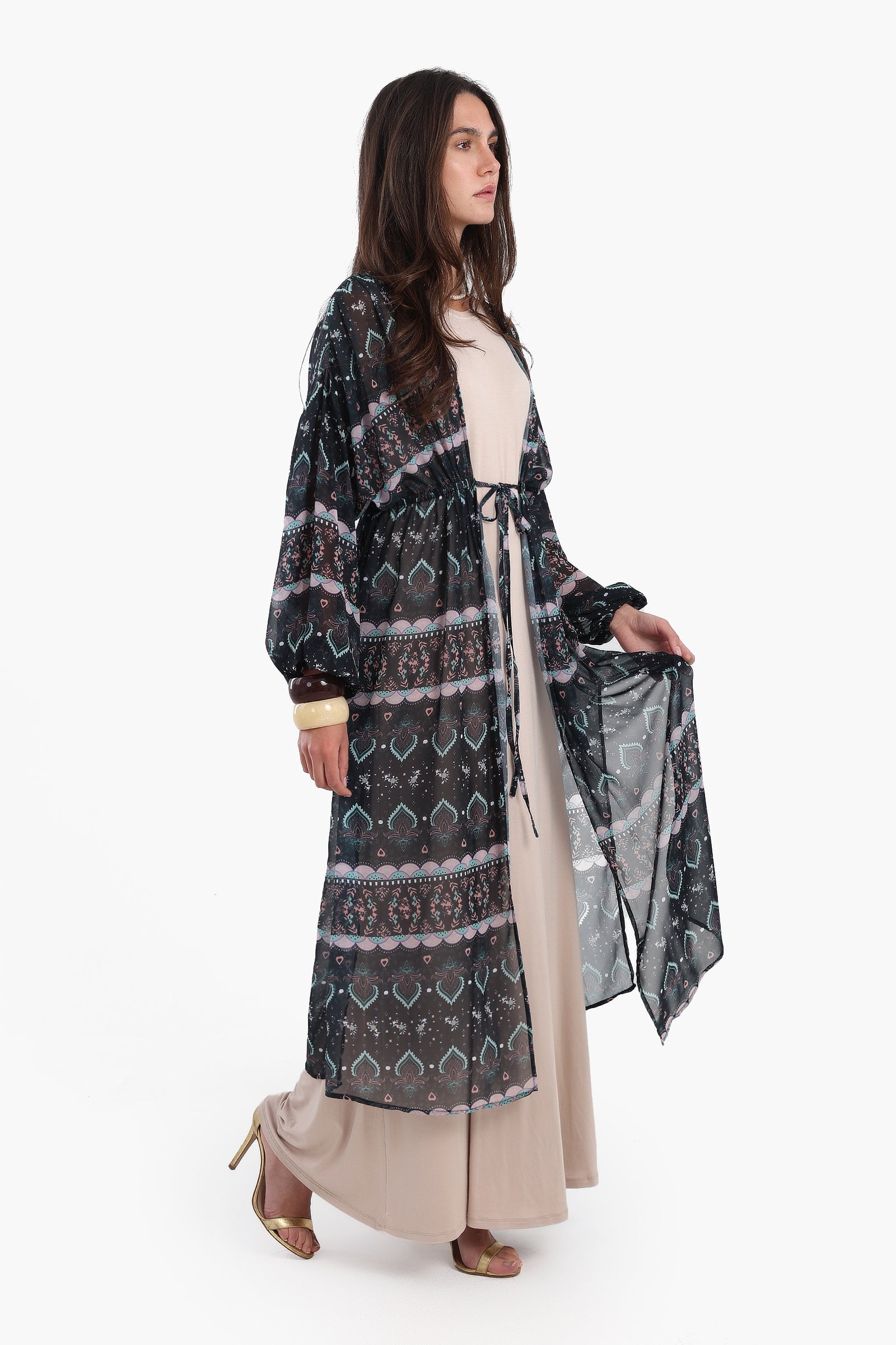 Printed Kimono with Elastic Waist