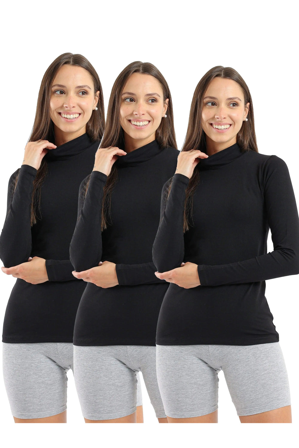 High Neck Long Sleeve Cotton Top - Pack of 3