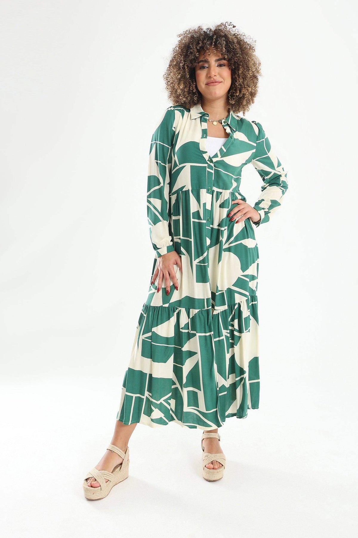 Printed Tiered Shirt Dress - Carina - كارينا