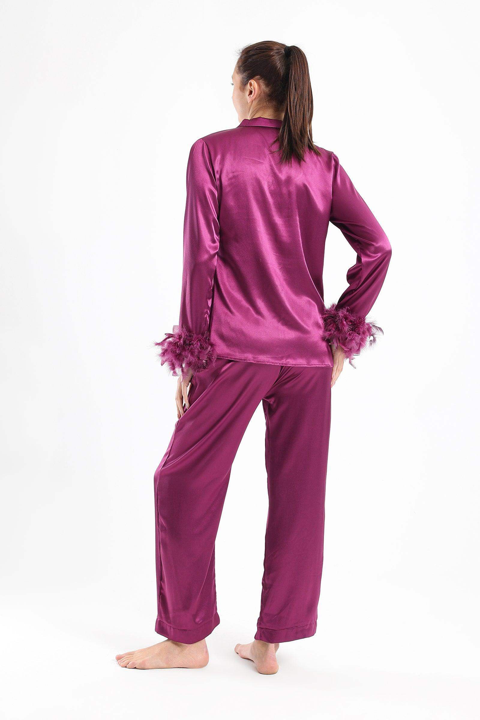Satin Pyjama Set with Feather Cuffs - Carina - كارينا