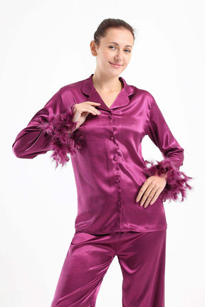 Satin Pyjama Set with Feather Cuffs - Carina - كارينا