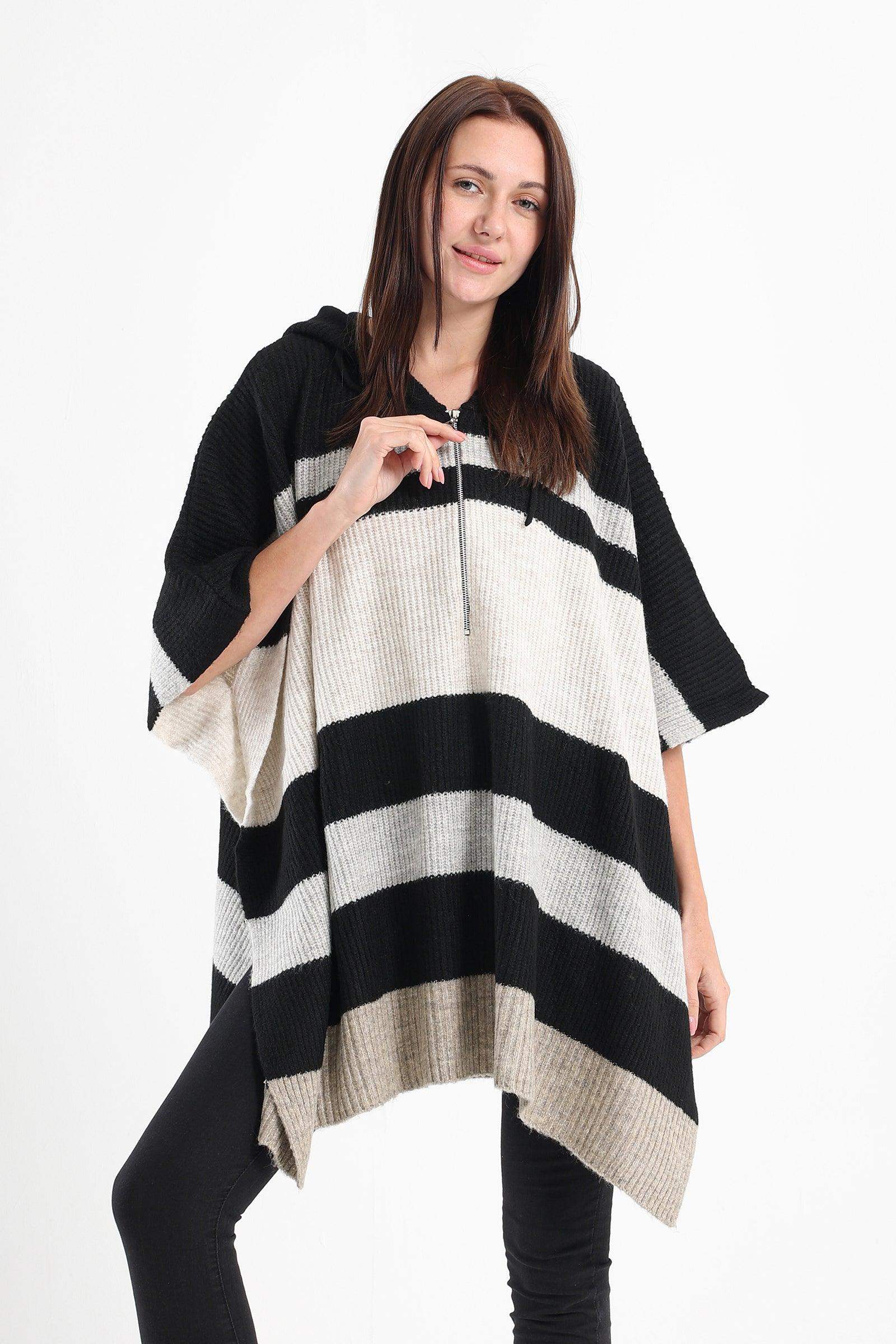 Striped Poncho with Front Zipper - Carina - كارينا