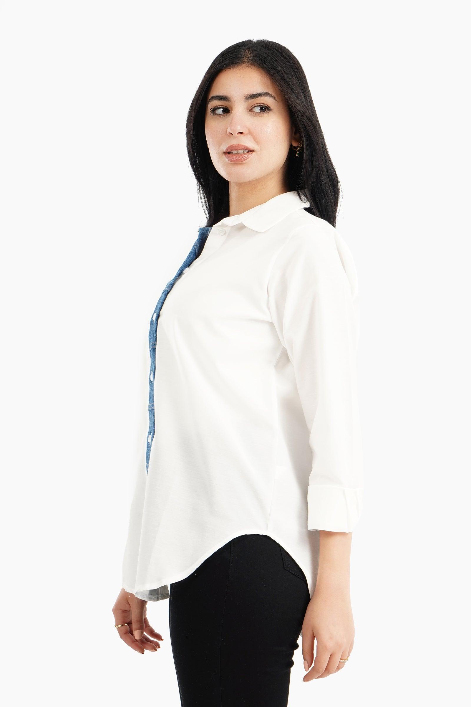 Viscose Shirt with Denim Placket - Carina - كارينا