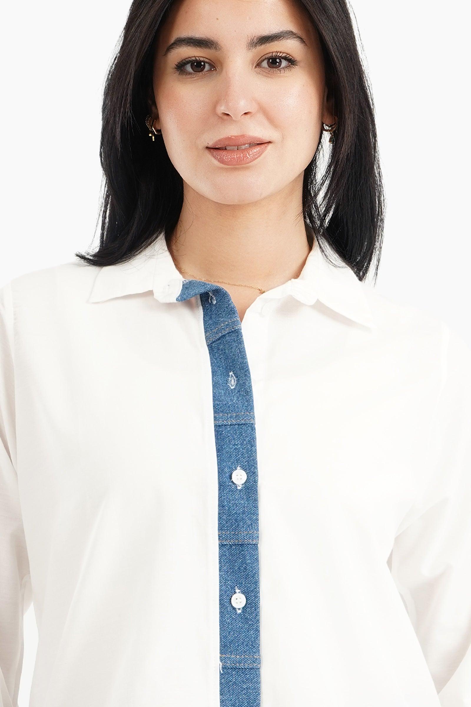 Viscose Shirt with Denim Placket - Carina - كارينا