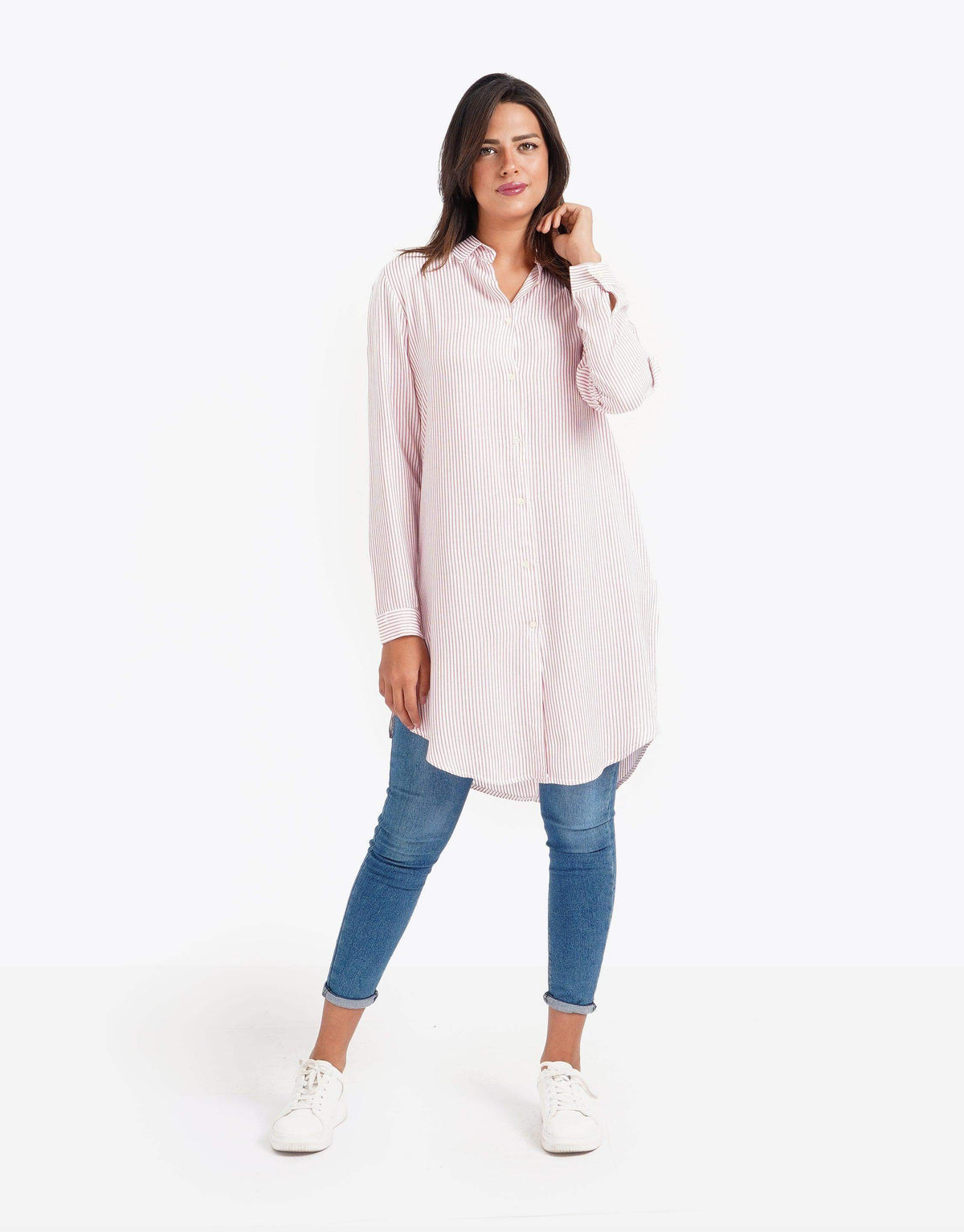 Banker-Striped Long Sleeve Tunic Shirt - Carina - كارينا