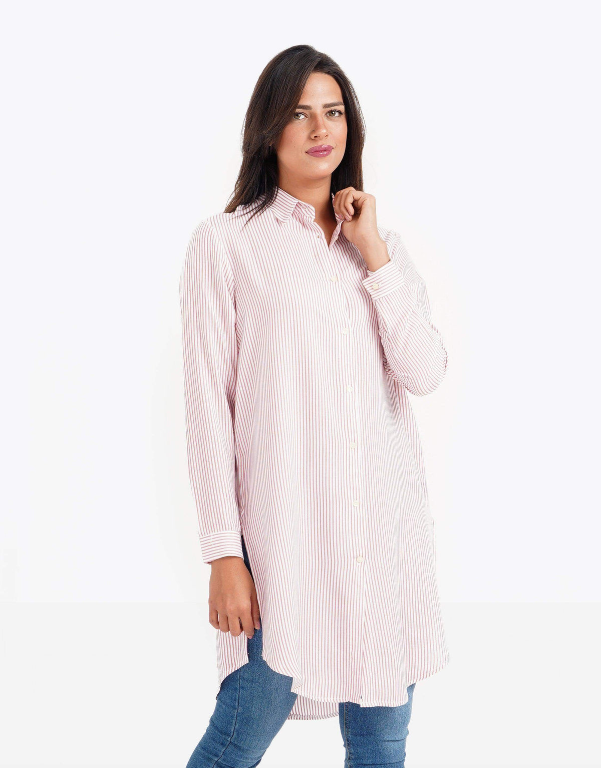 Banker-Striped Long Sleeve Tunic Shirt - Carina - كارينا