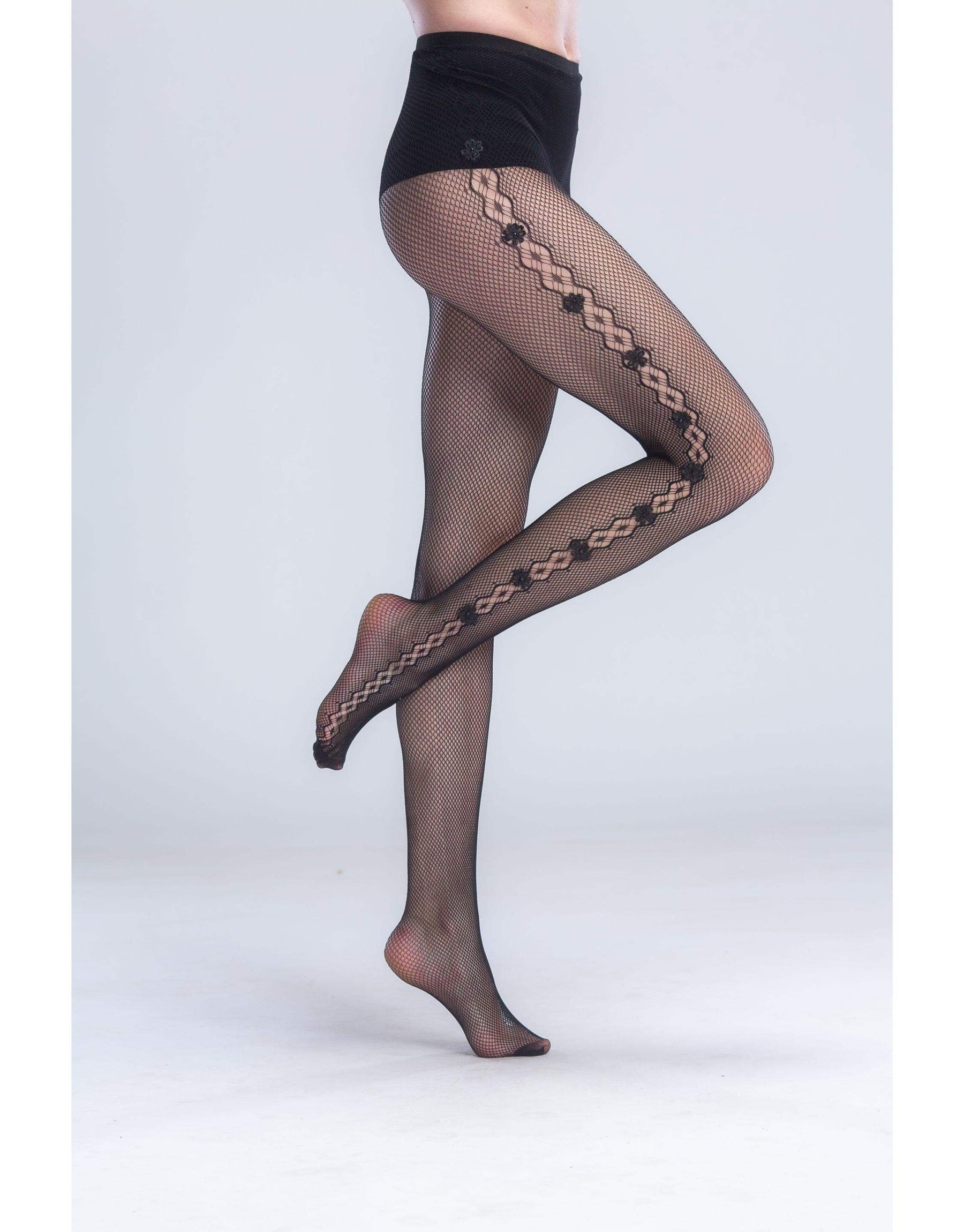 Fishnet Pantyhose with Side Flowers - Carina - كارينا