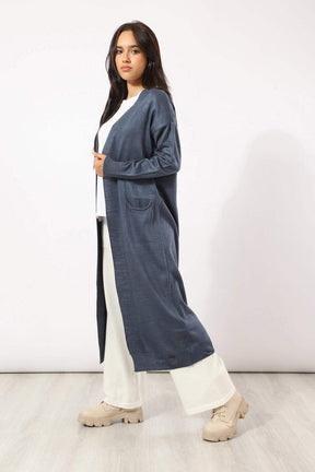 Long Cardigan with Ribbed Trim - Carina - كارينا